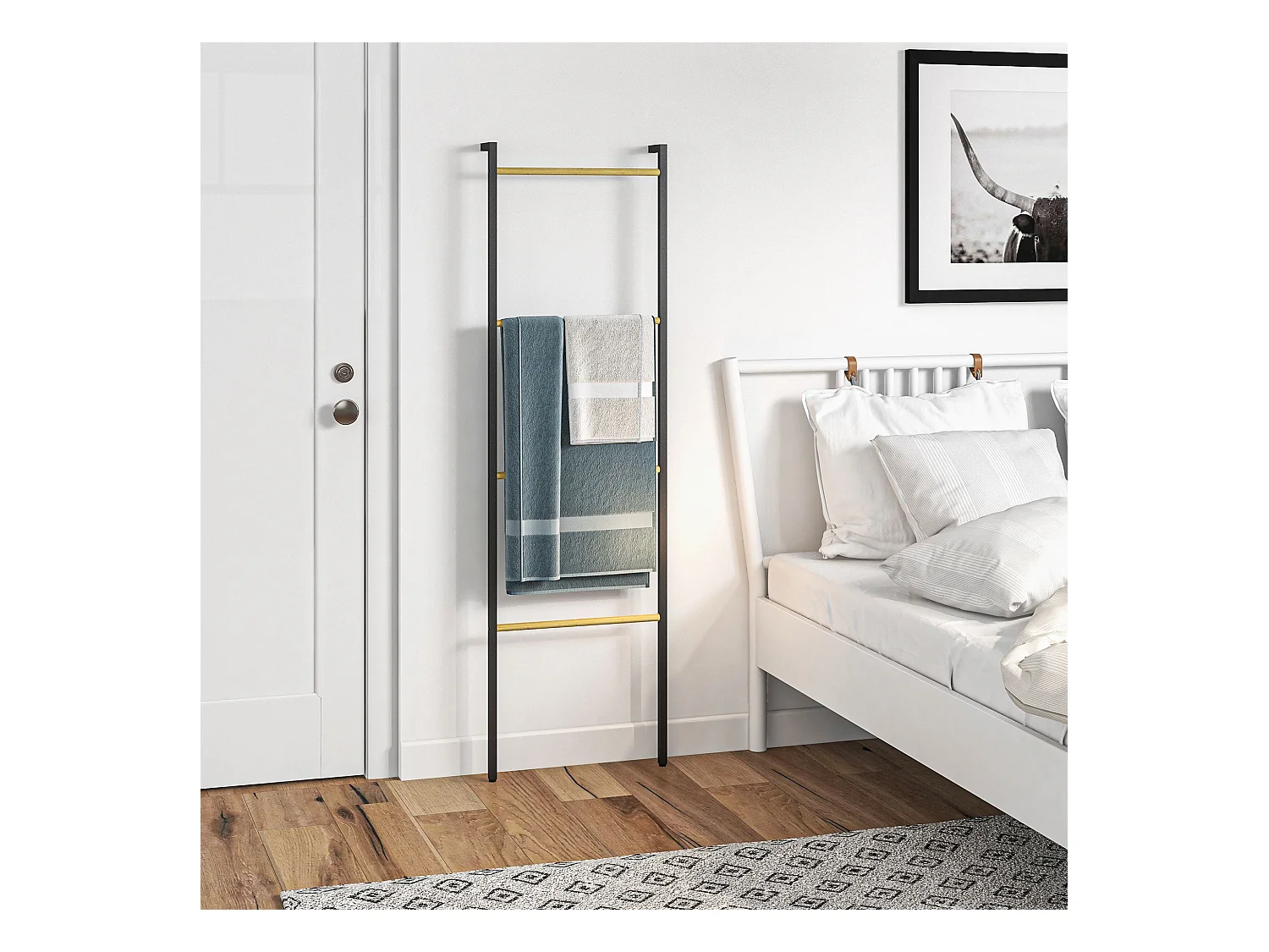 Toallero Ginebra Homcom 4 niveles escalonado bambú y madera negro 167,5x49x5,5 cm