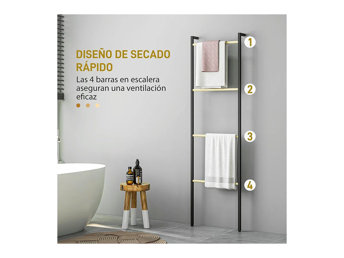 Toallero Ginebra Homcom 4 niveles escalonado bambú y madera negro 167,5x49x5,5 cm