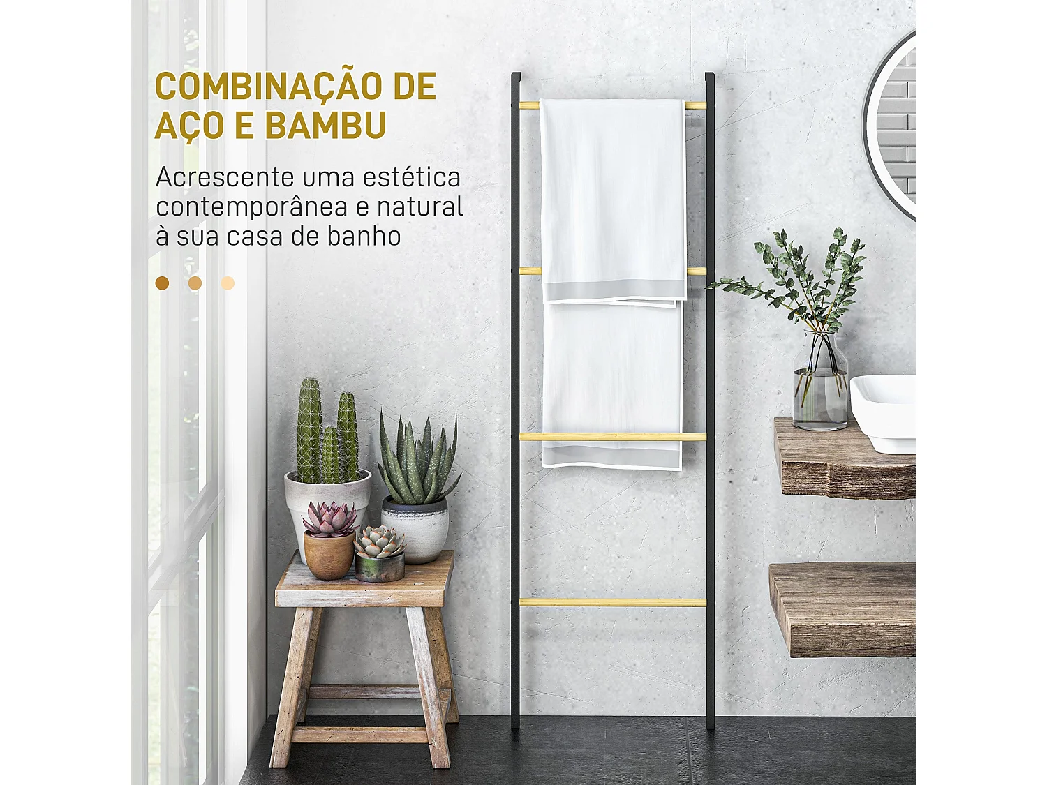 Toalheiro de 4 Níveis com Estrutura de Aço e Barras de Bambu – Modelo Uppsala para Casa de Banho
