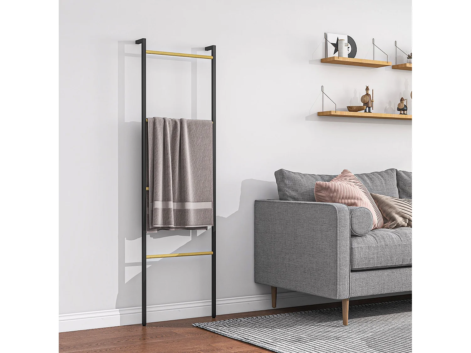 Toalheiro de 4 Níveis com Estrutura de Aço e Barras de Bambu – Modelo Uppsala para Casa de Banho