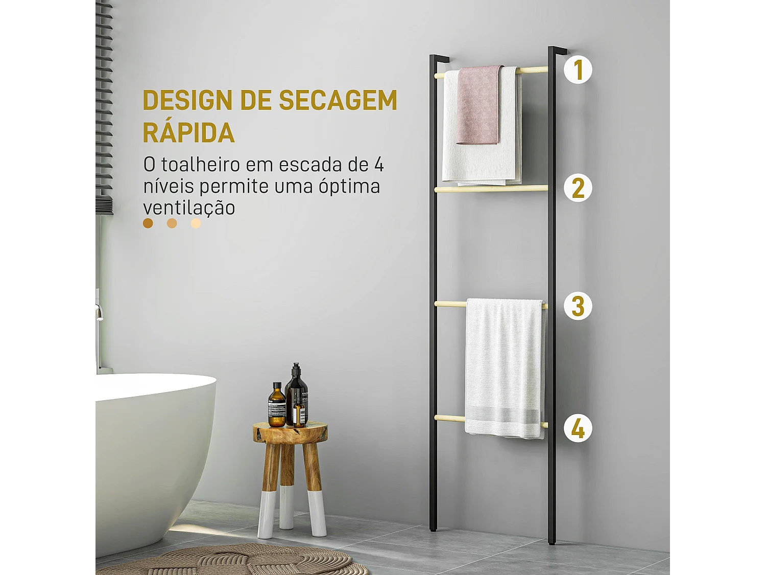 Toallero Ginebra Homcom 4 niveles escalonado bambú y madera negro 167,5x49x5,5 cm