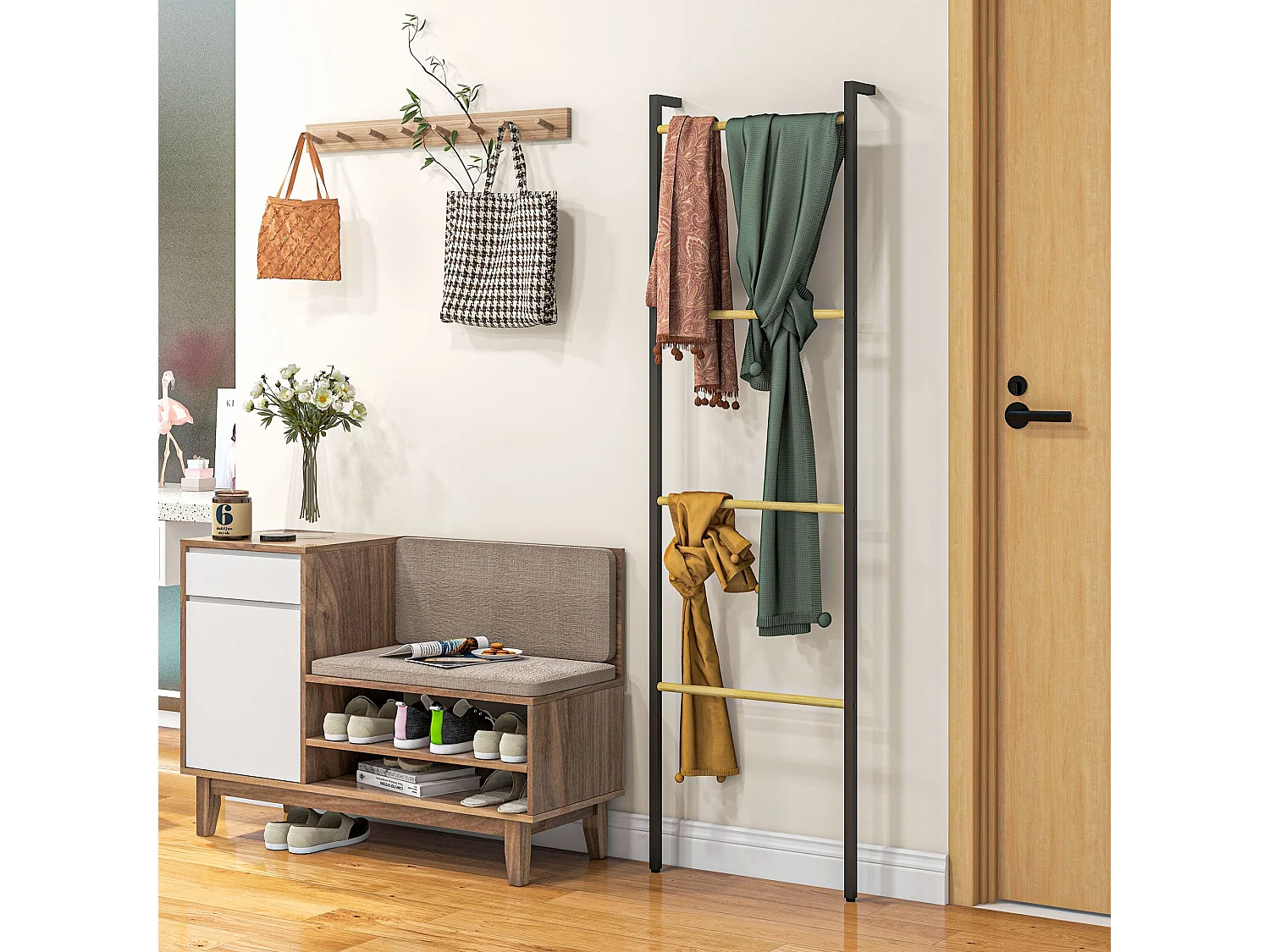 Toallero Ginebra Homcom 4 niveles escalonado bambú y madera negro 167,5x49x5,5 cm