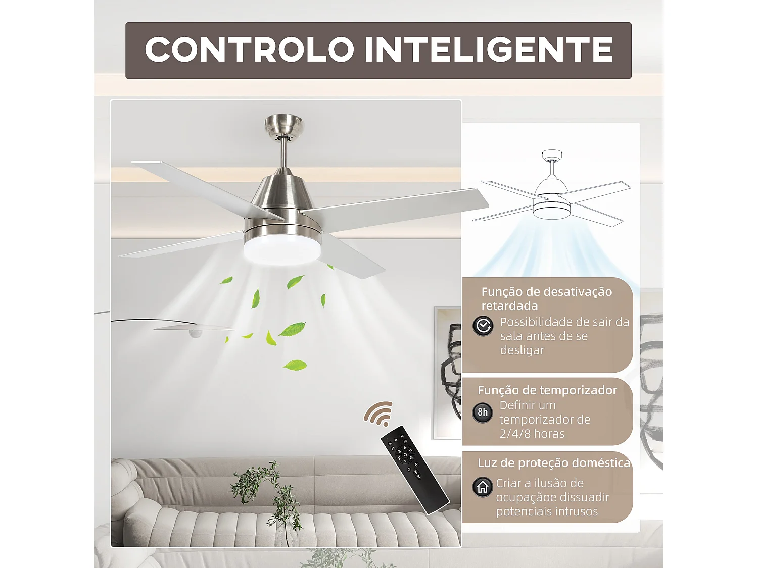 Ventoinha de Teto Reykjavik com Luz LED e Controle Remoto - Silenciosa e Eficiente para Quarto e Sala