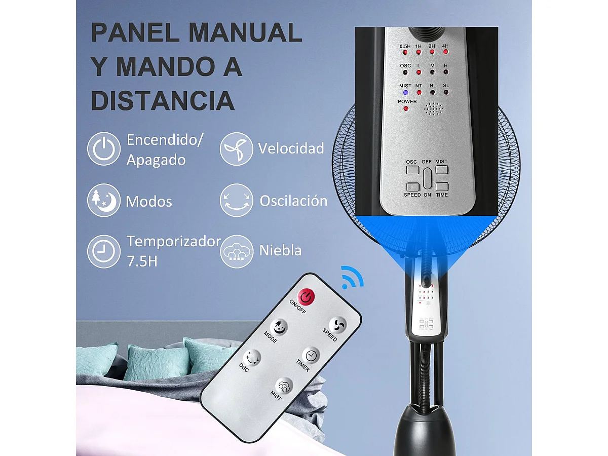 Ventilador nebulizador Wind Homcom 90W 3 modos 5 aspas negro 120 cm