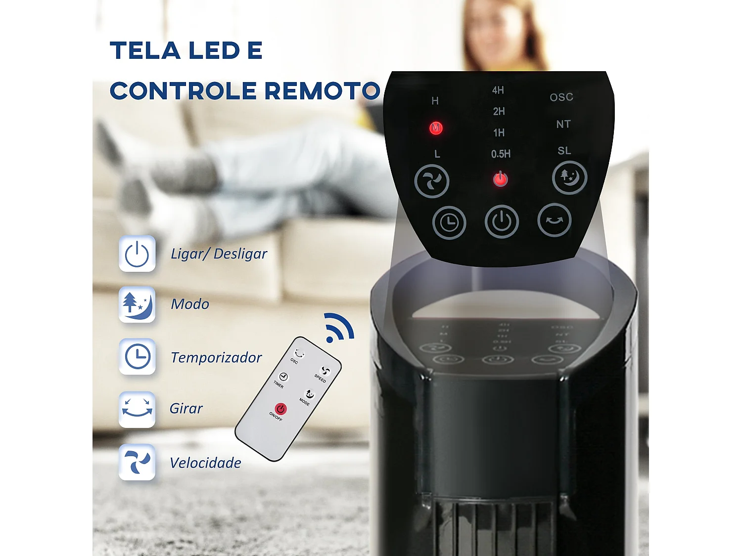 Ventoinha de Coluna 50W com Controle Remoto e Oscilação de 70° - 3 Velocidades e Temporizador de 7,5h em Preto