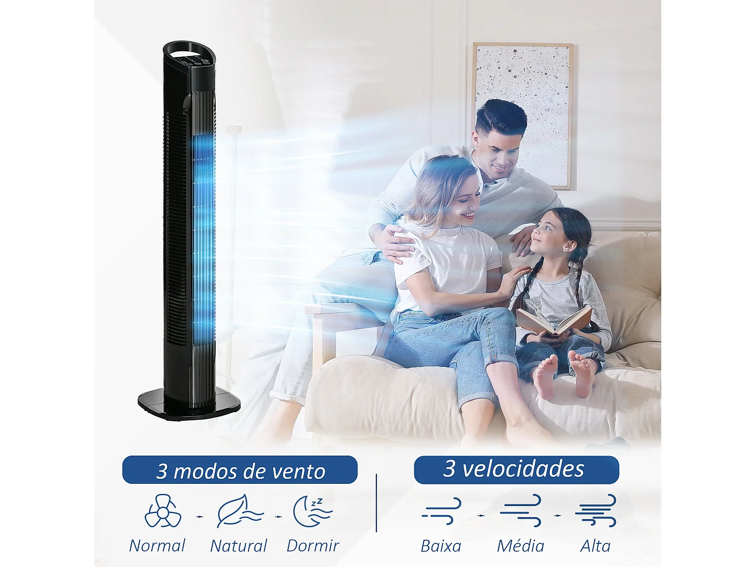 Ventilador de torre Borgoña Homcom 3 modos + 3 velocidades negro 78,5 cm