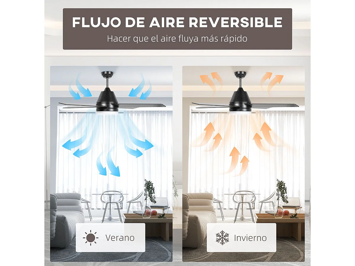 Ventoinha de Teto Silenciosa com Luz LED e Controle Remoto - 46W, 129 cm, 4 Lâminas Reversíveis para Quarto e Sala
