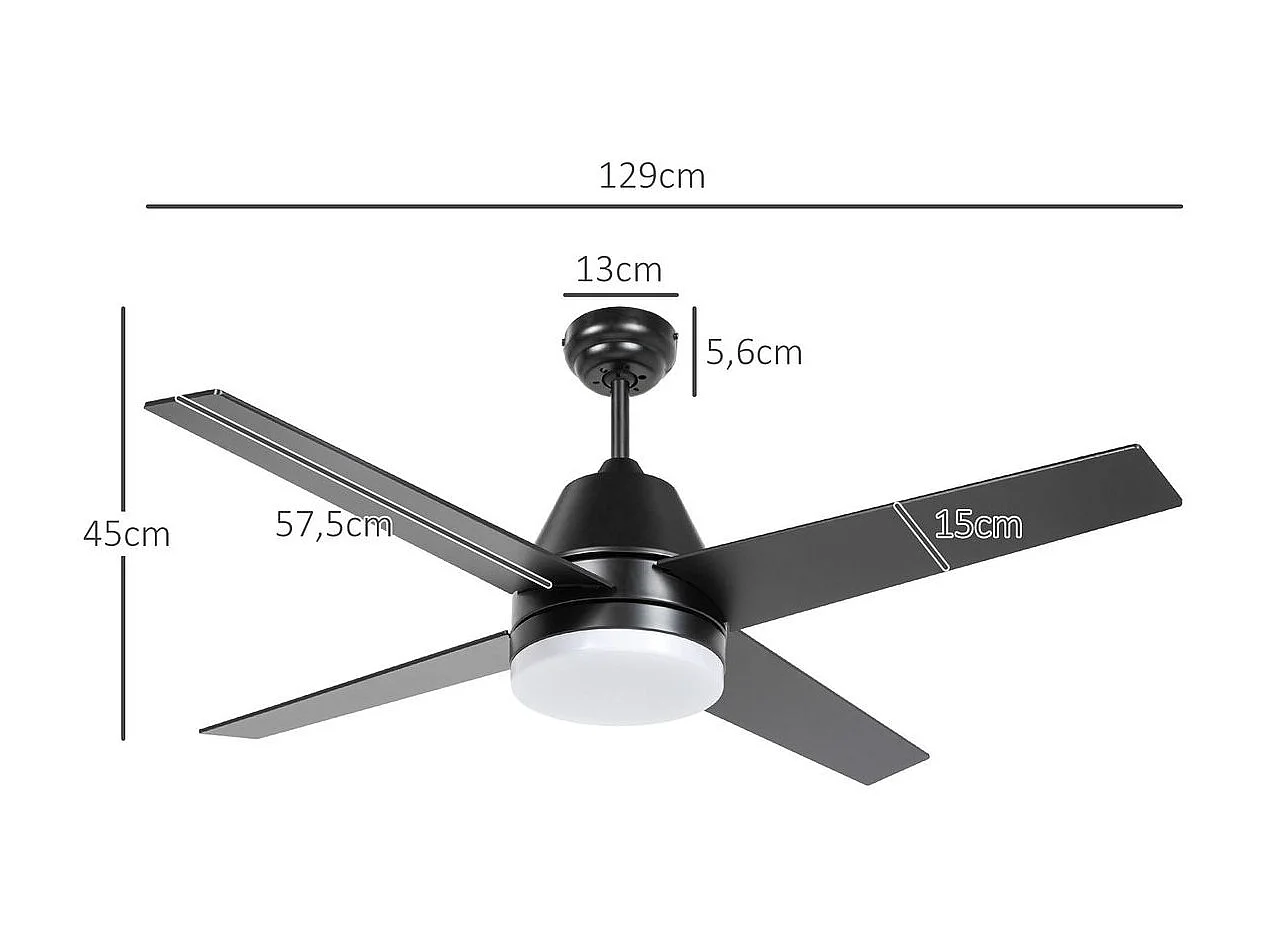 Ventoinha de Teto Silenciosa com Luz LED e Controle Remoto - 46W, 129 cm, 4 Lâminas Reversíveis para Quarto e Sala