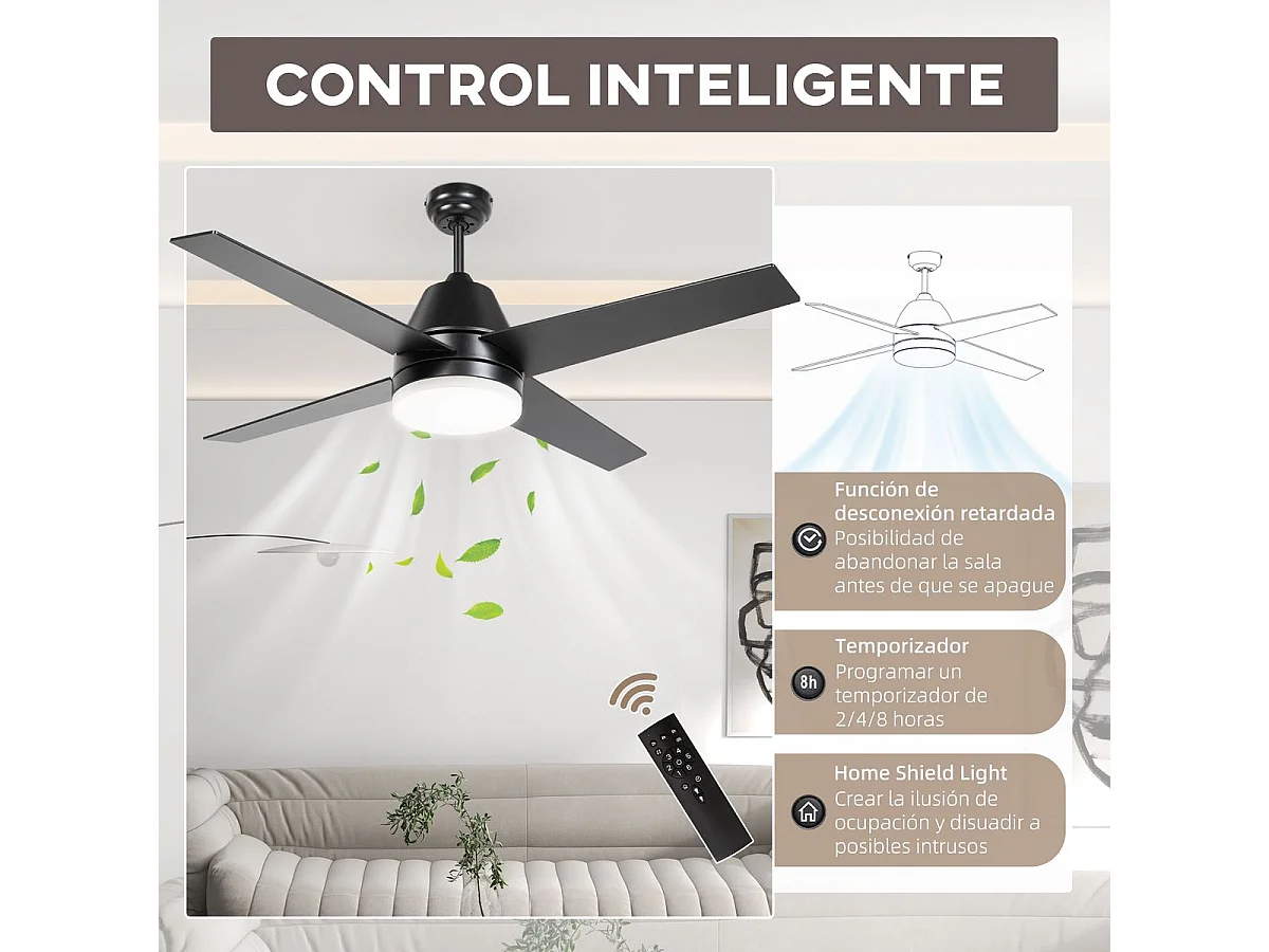 Ventoinha de Teto Silenciosa com Luz LED e Controle Remoto - 46W, 129 cm, 4 Lâminas Reversíveis para Quarto e Sala