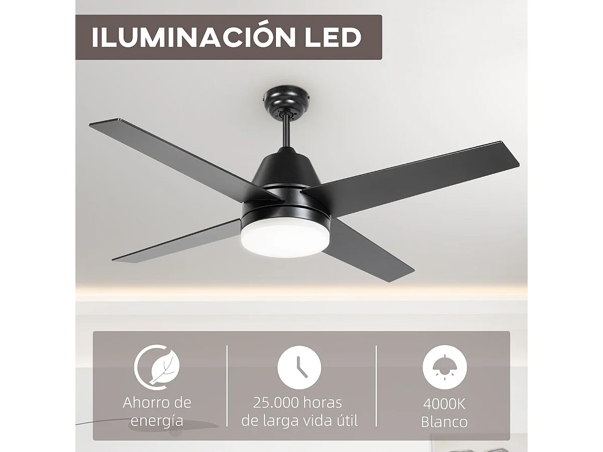 Ventoinha de Teto Silenciosa com Luz LED e Controle Remoto - 46W, 129 cm, 4 Lâminas Reversíveis para Quarto e Sala