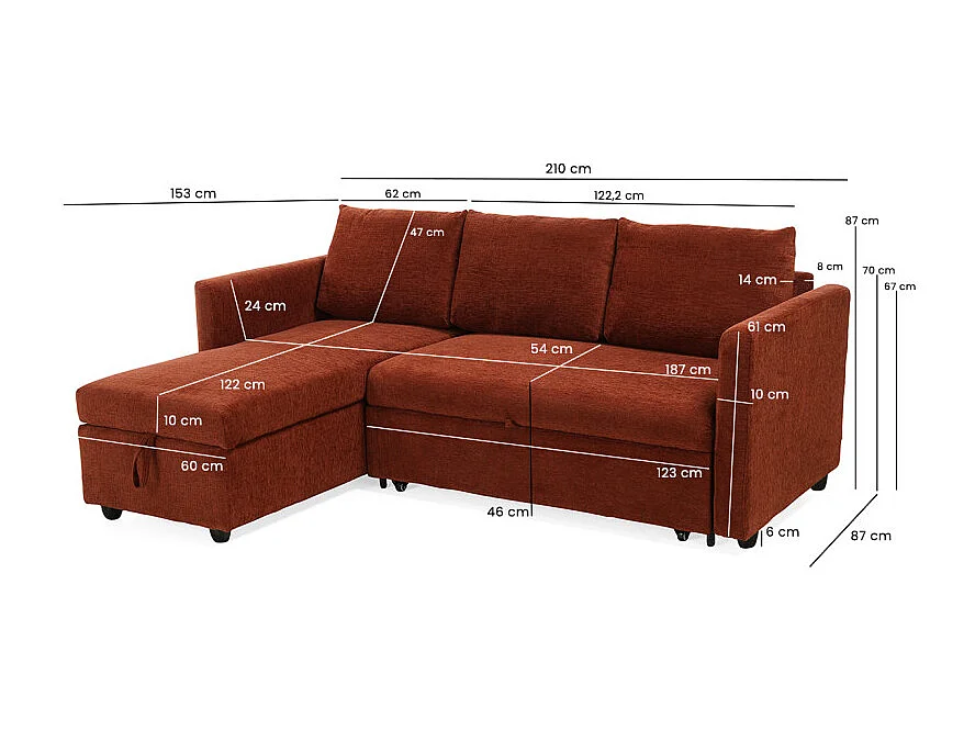 Canapé d'angle réversible 3p convertible tissu terracotta – WILSON