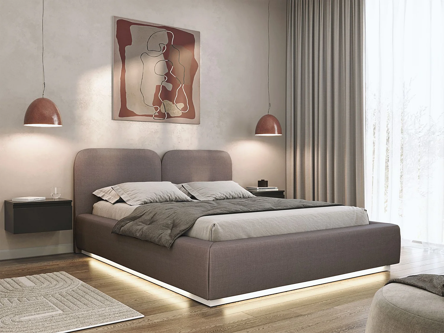 Lit tapissé avec LED 140×200 - chenille - brun - COMOVES