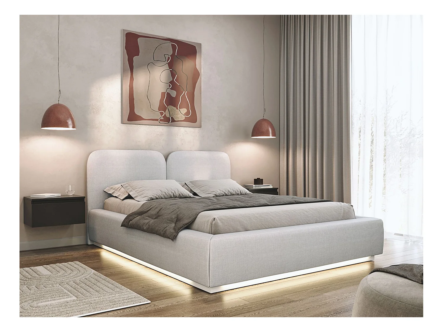 Lit tapissé avec LED 140×200 - chenille - gris clair - COMOVES