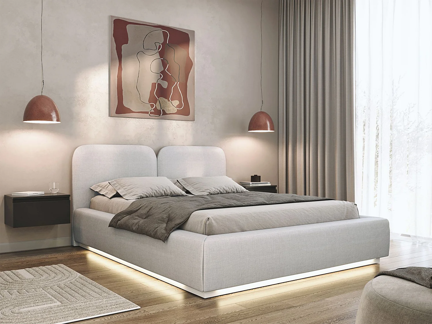 Polsterbett 160x200 mit Chenillebezug – LED – Hellgrau – COMOVES