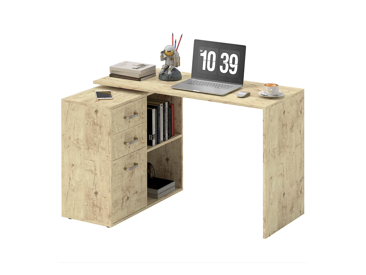 Scrivania angolare per pc con 3 cassetti e ripiani aperti noce