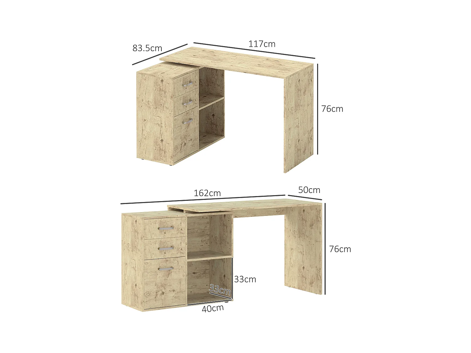 Scrivania angolare per pc con 3 cassetti e ripiani aperti noce