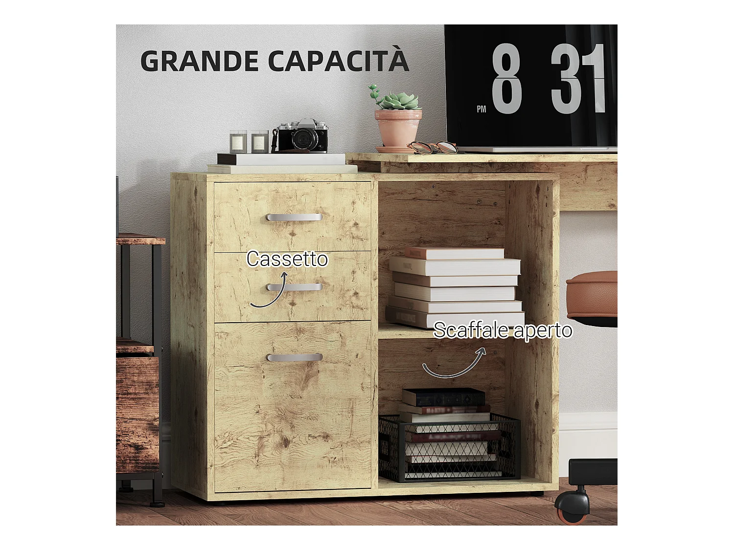 Scrivania angolare per pc con 3 cassetti e ripiani aperti noce