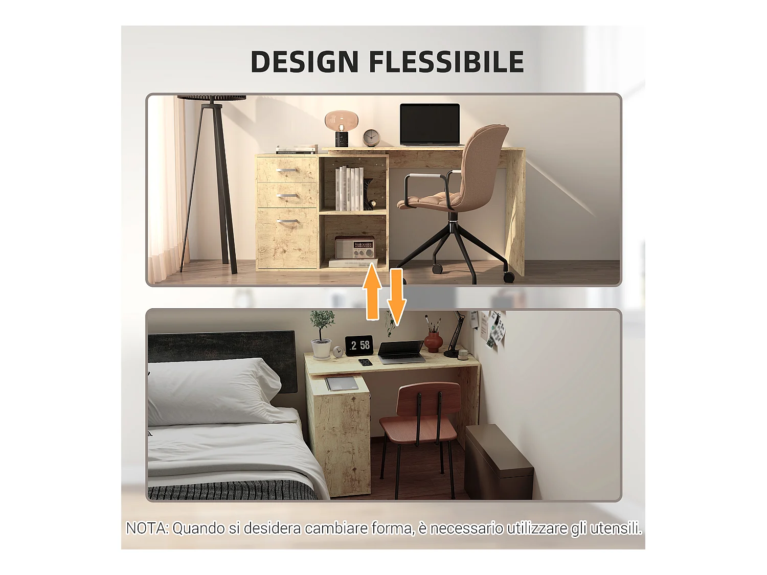 Scrivania angolare per pc con 3 cassetti e ripiani aperti noce