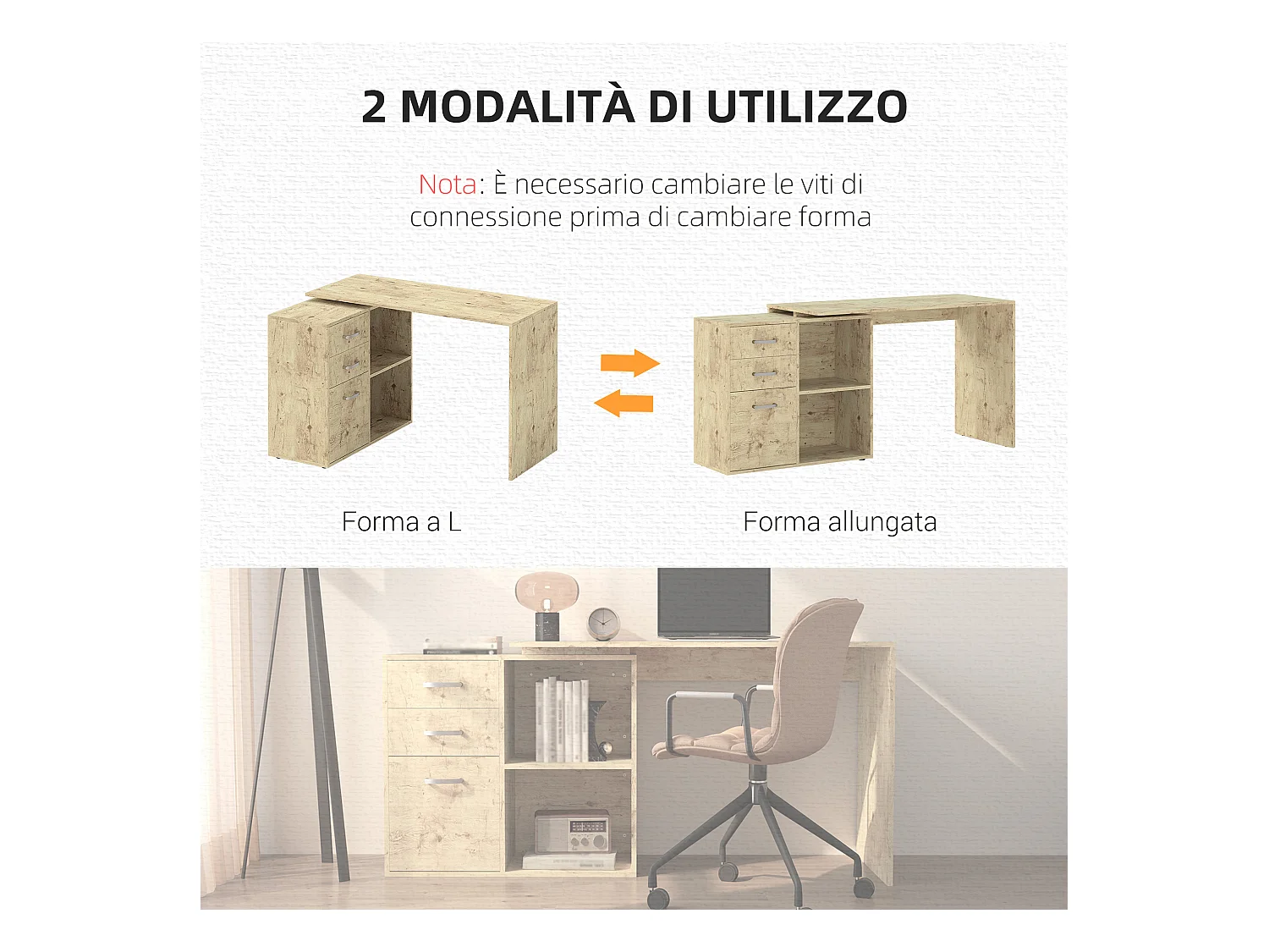 Scrivania angolare per pc con 3 cassetti e ripiani aperti noce