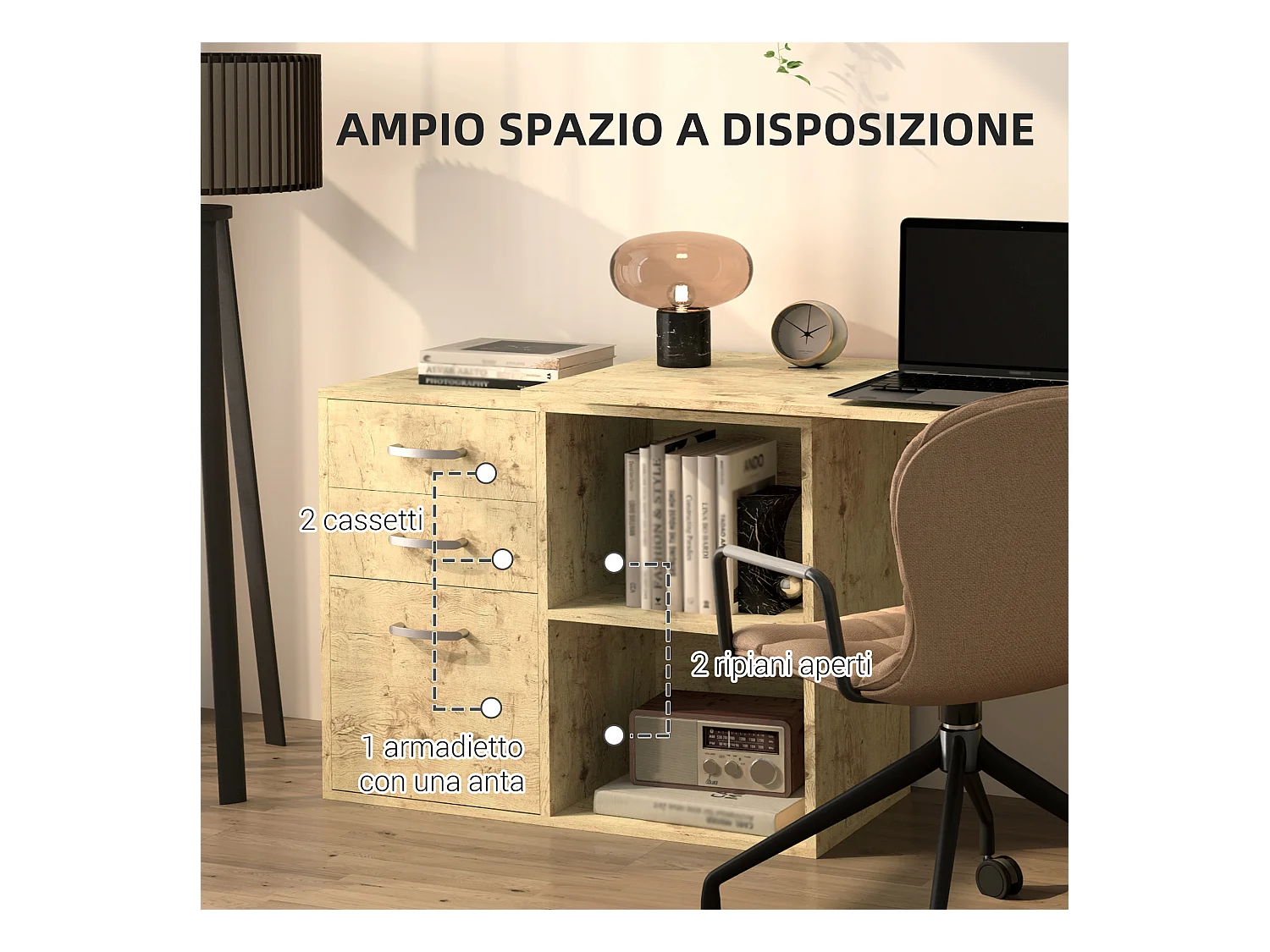 Scrivania angolare per pc con 3 cassetti e ripiani aperti noce