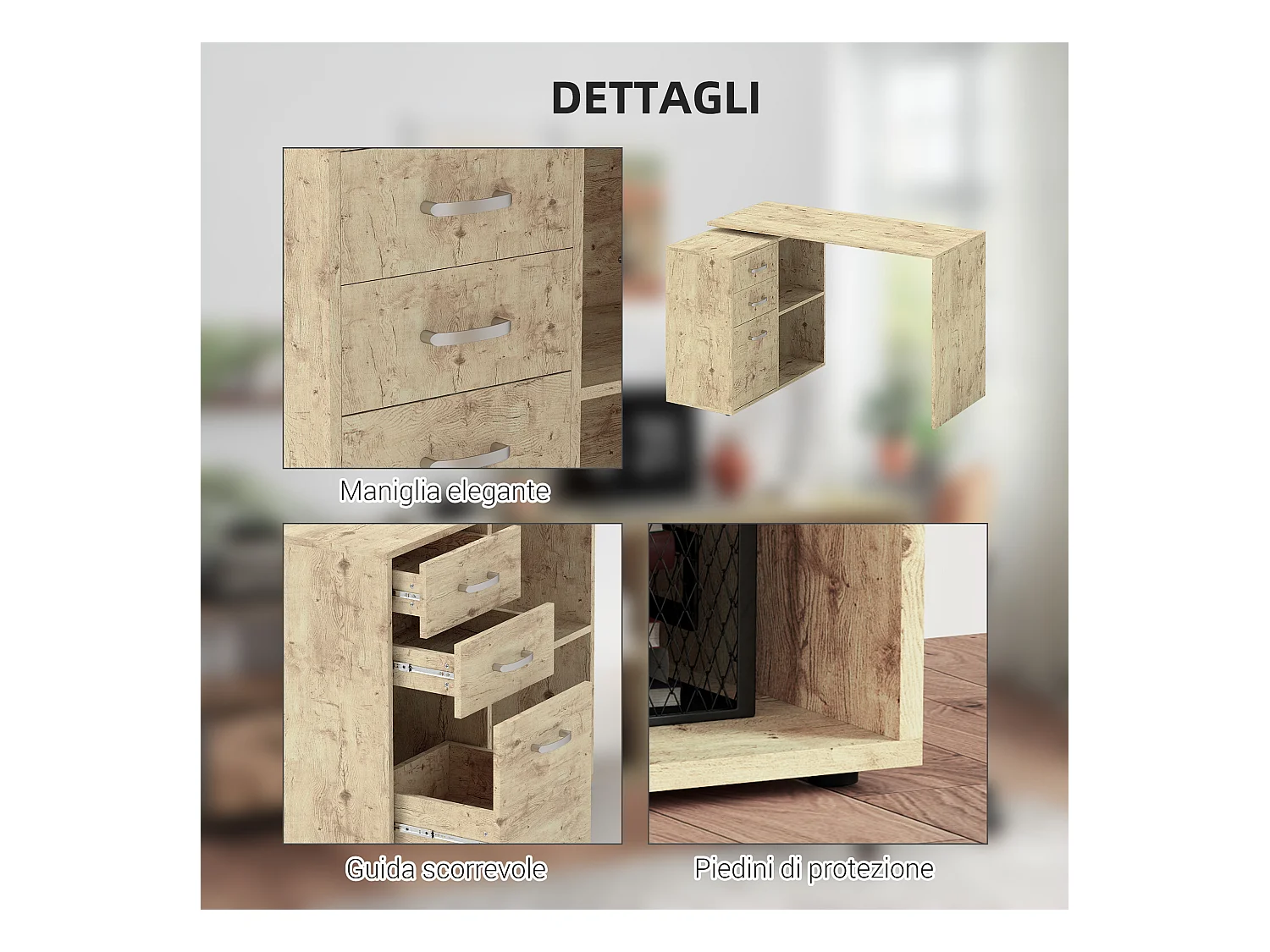 Scrivania angolare per pc con 3 cassetti e ripiani aperti noce