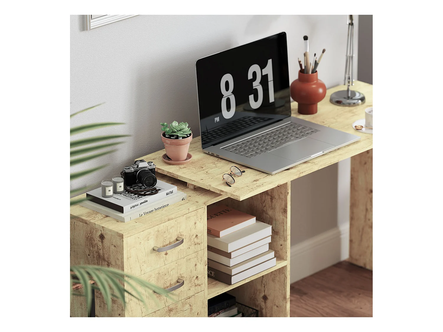 Scrivania angolare per pc con 3 cassetti e ripiani aperti noce