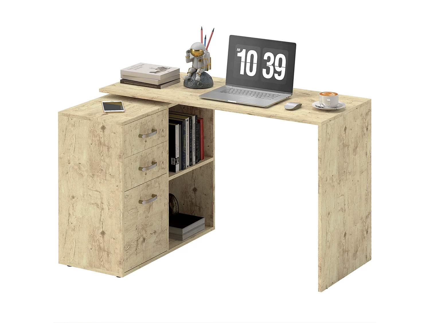 Scrivania angolare per pc con 3 cassetti e ripiani aperti noce