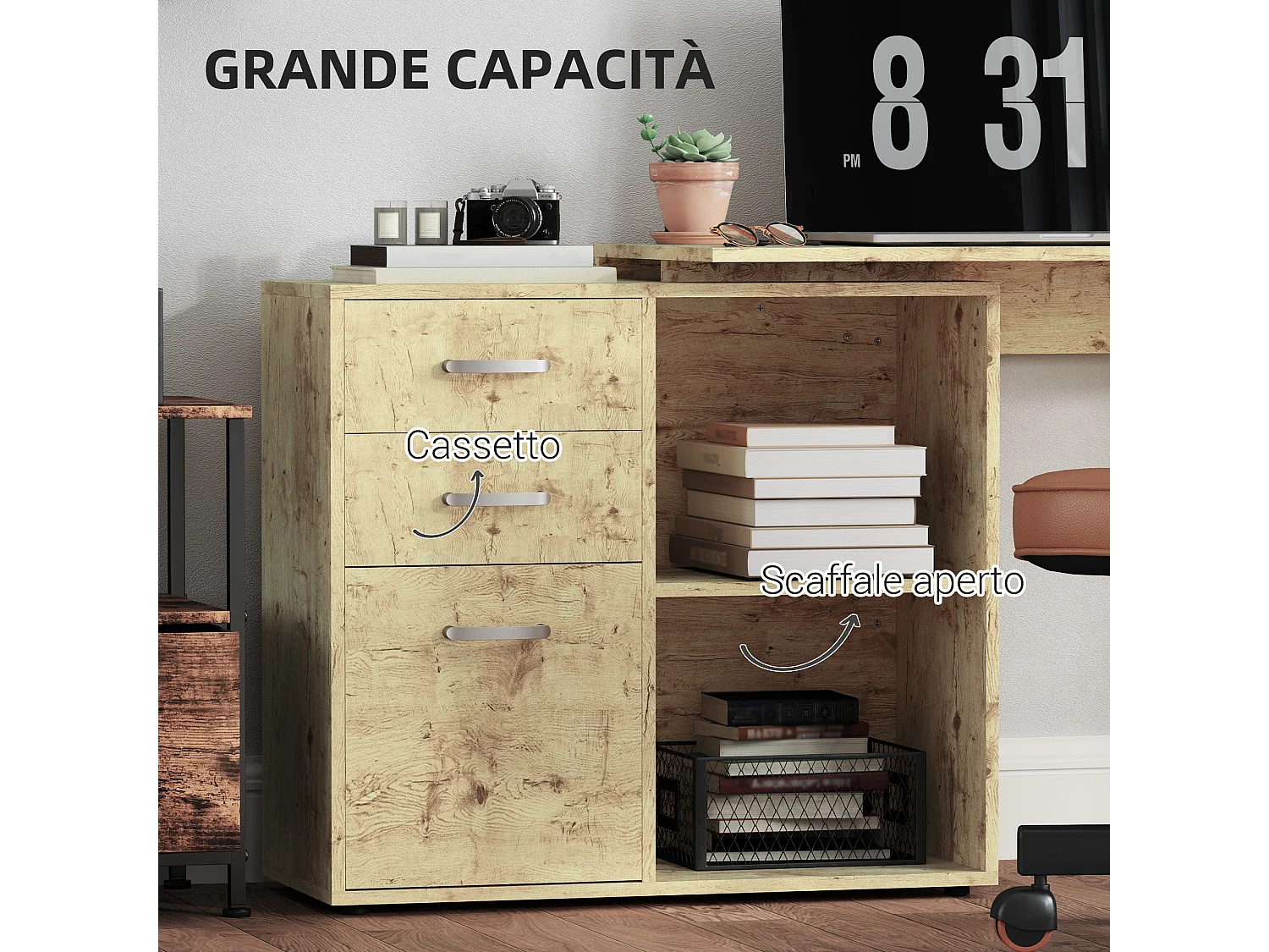 Scrivania angolare per pc con 3 cassetti e ripiani aperti noce