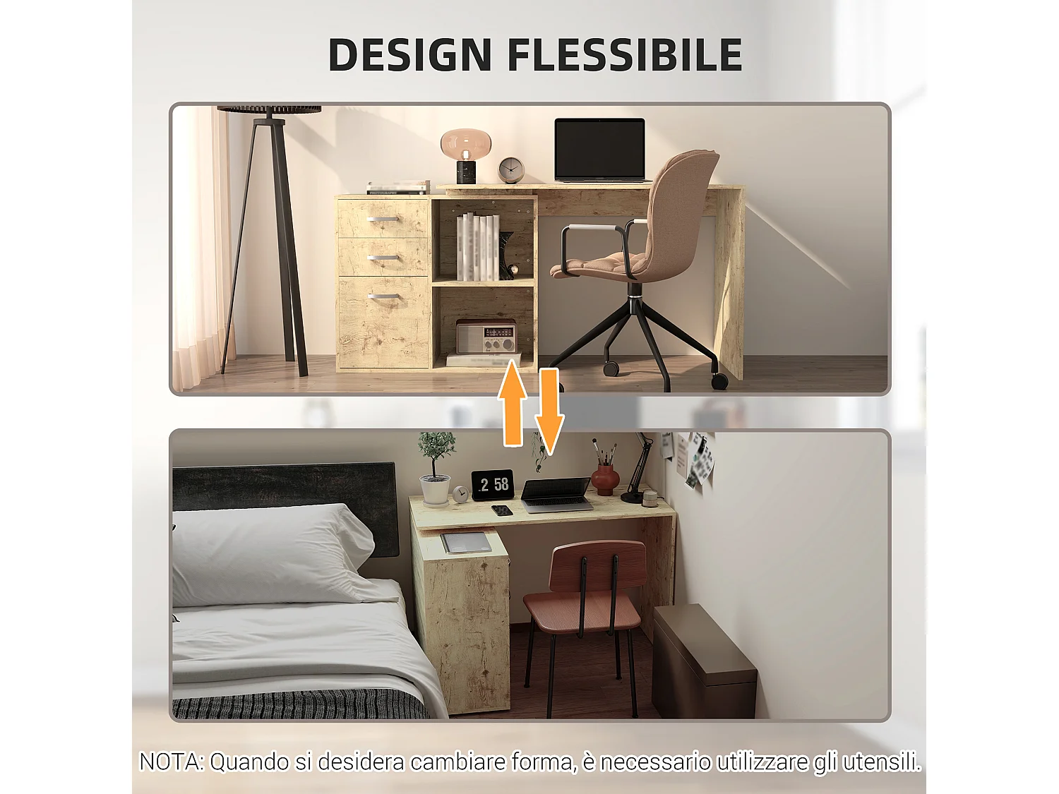 Scrivania angolare per pc con 3 cassetti e ripiani aperti noce