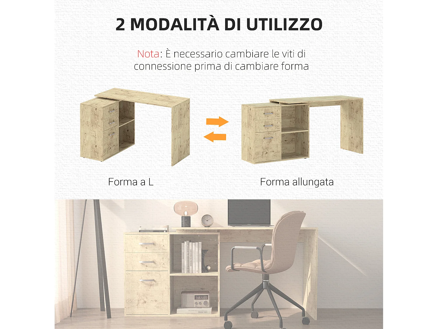 Scrivania angolare per pc con 3 cassetti e ripiani aperti noce