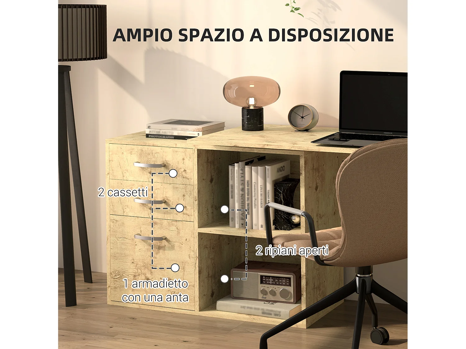 Scrivania angolare per pc con 3 cassetti e ripiani aperti noce
