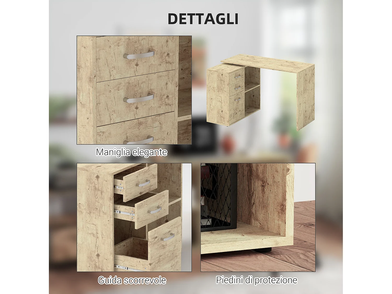 Scrivania angolare per pc con 3 cassetti e ripiani aperti noce