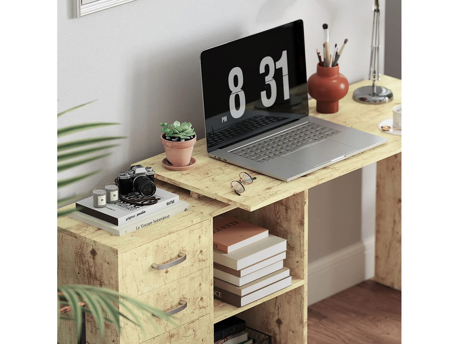 Scrivania angolare per pc con 3 cassetti e ripiani aperti noce