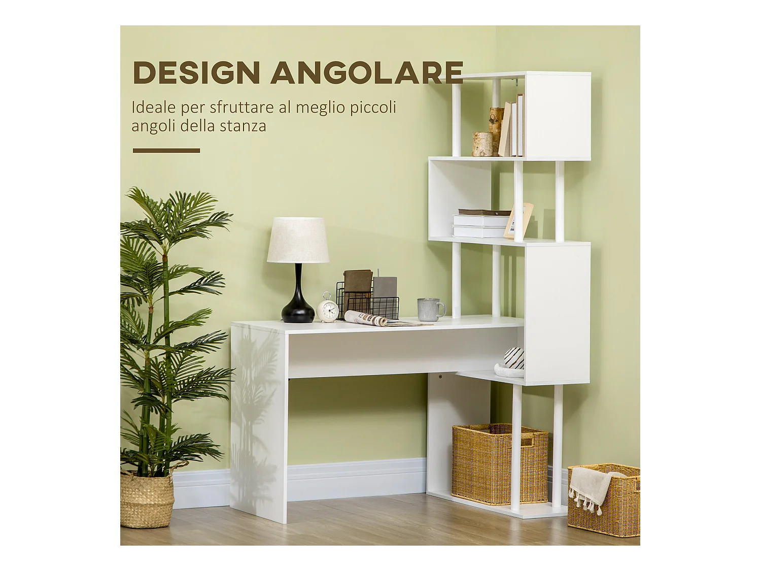 Scrivania angolare in truciolato con ripiano a 4 livelli bianca