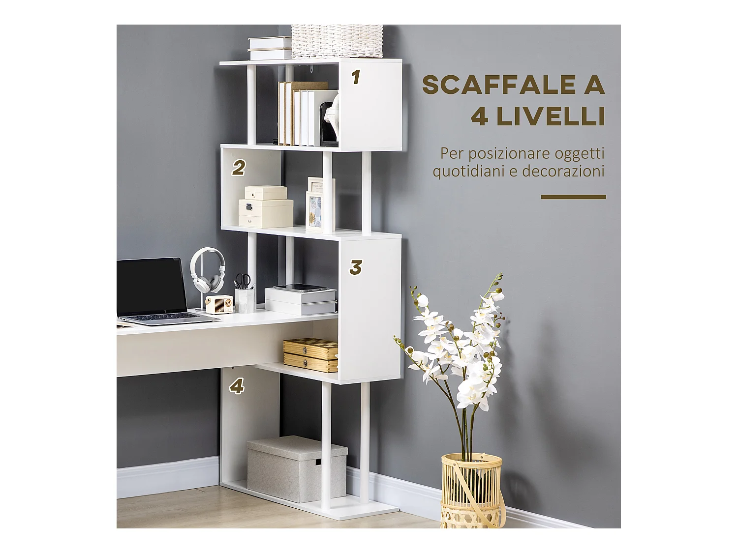 Scrivania angolare in truciolato con ripiano a 4 livelli bianca