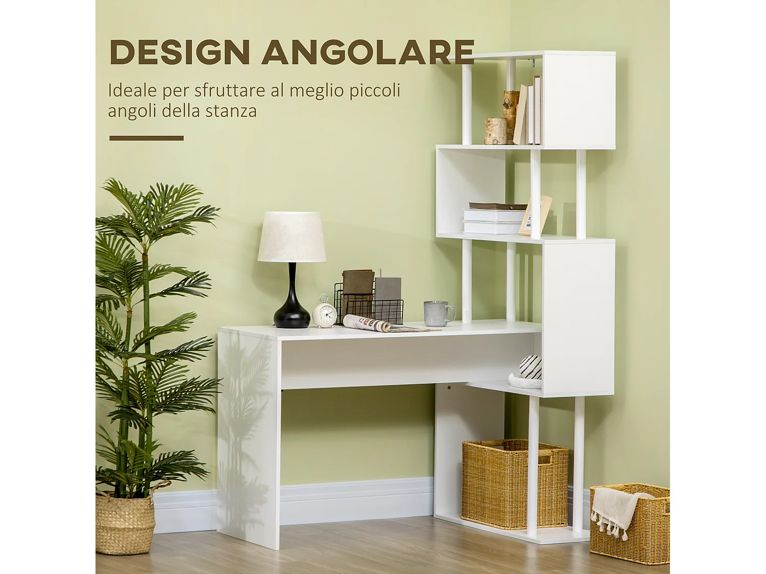 Scrivania angolare in truciolato con ripiano a 4 livelli bianca