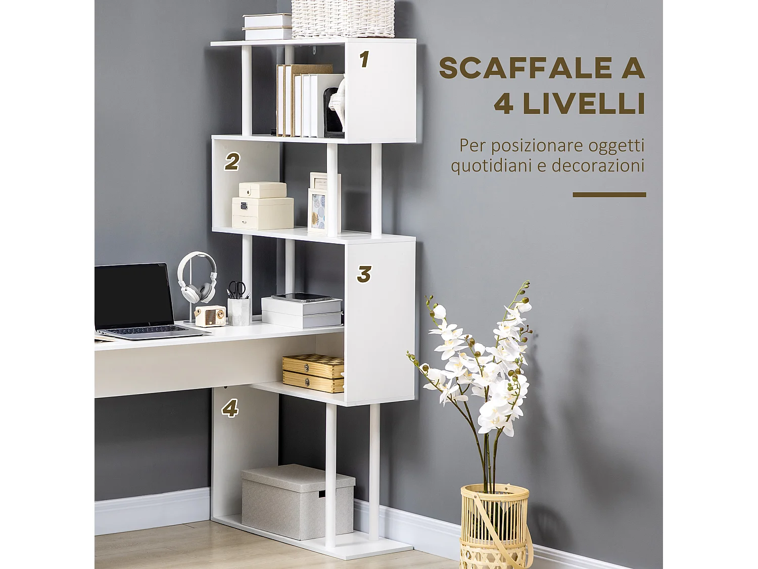 Scrivania angolare in truciolato con ripiano a 4 livelli bianca