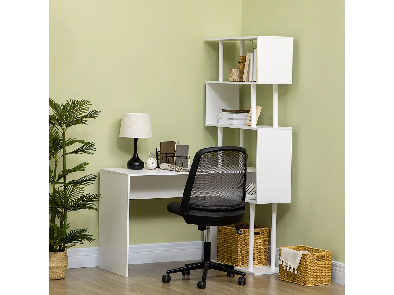 Scrivania angolare in truciolato con ripiano a 4 livelli bianca