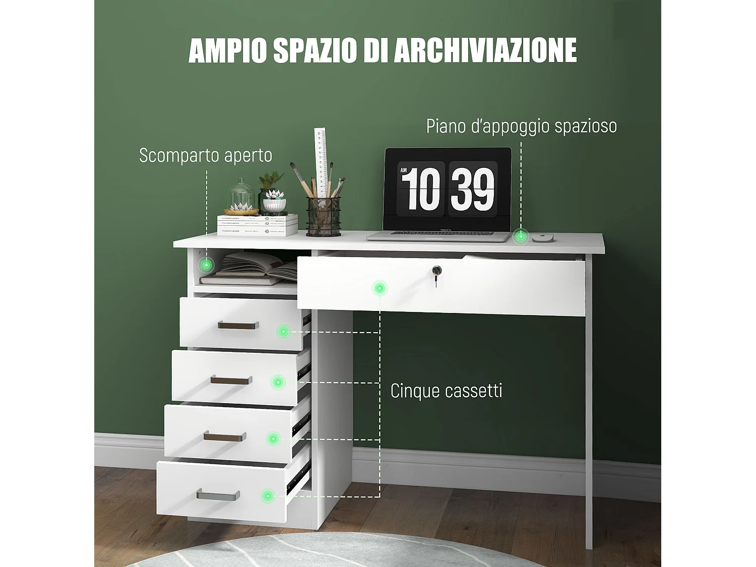 Scrivania moderna a 5 cassetti con serratura e vano aperto bianco