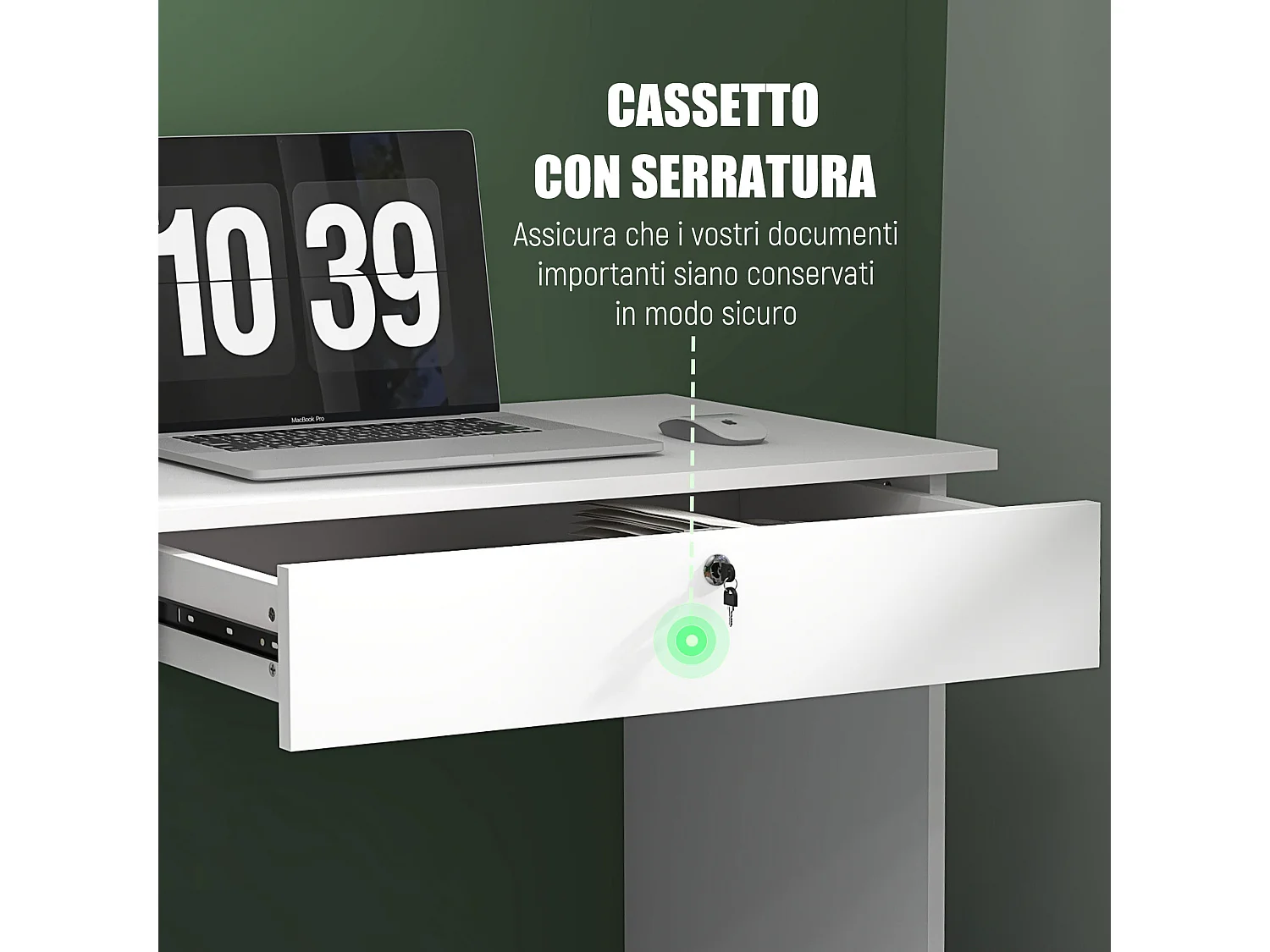 Scrivania moderna a 5 cassetti con serratura e vano aperto bianco