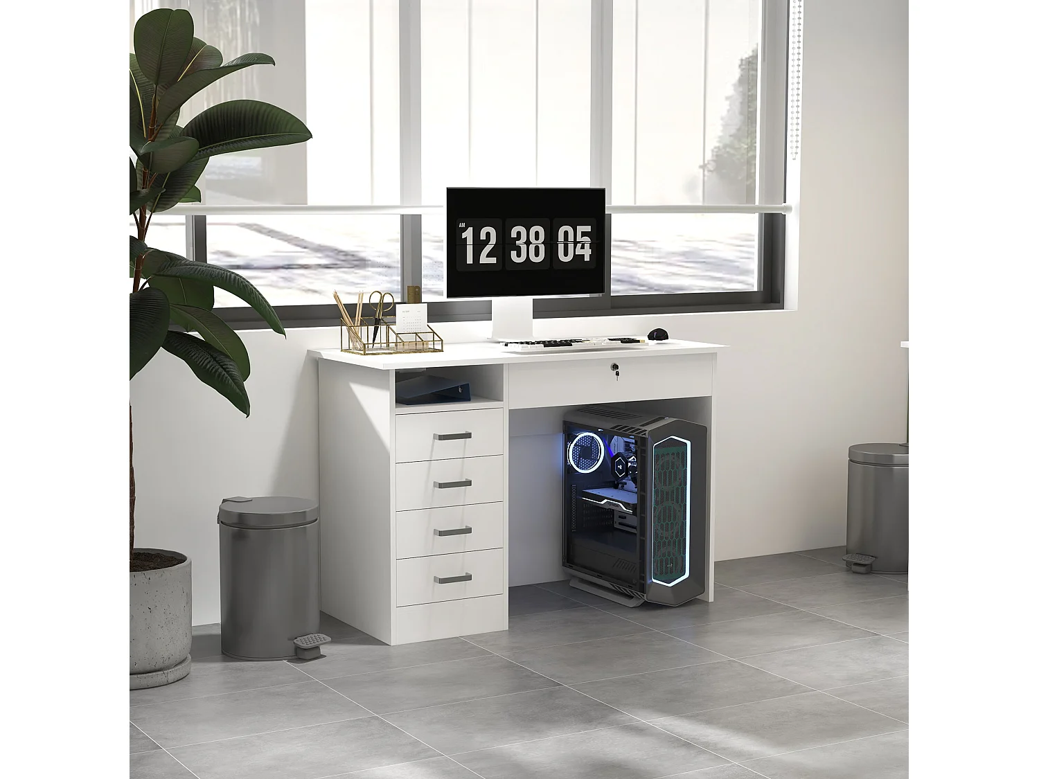 Scrivania moderna a 5 cassetti con serratura e vano aperto bianco