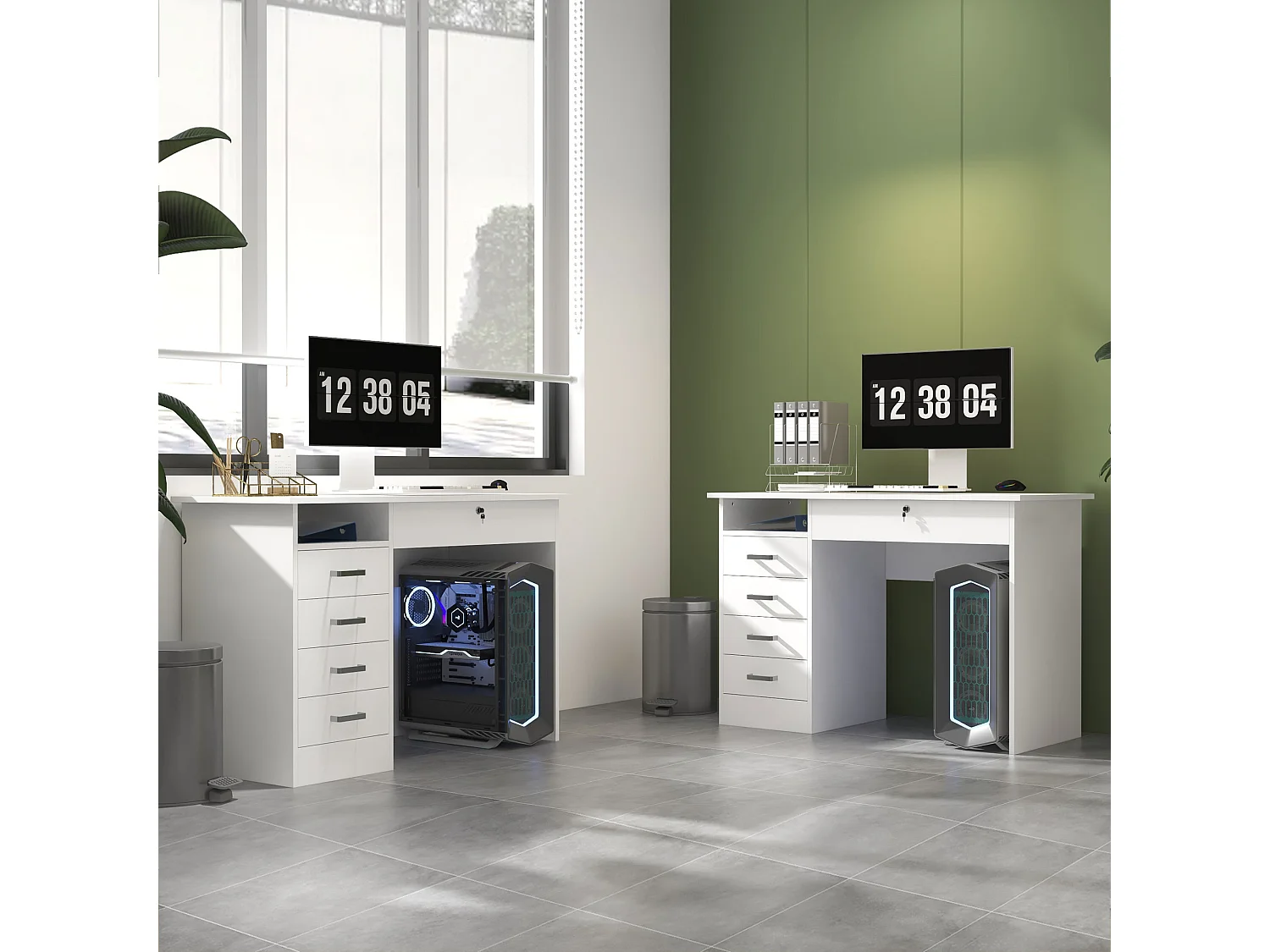 Scrivania moderna a 5 cassetti con serratura e vano aperto bianco