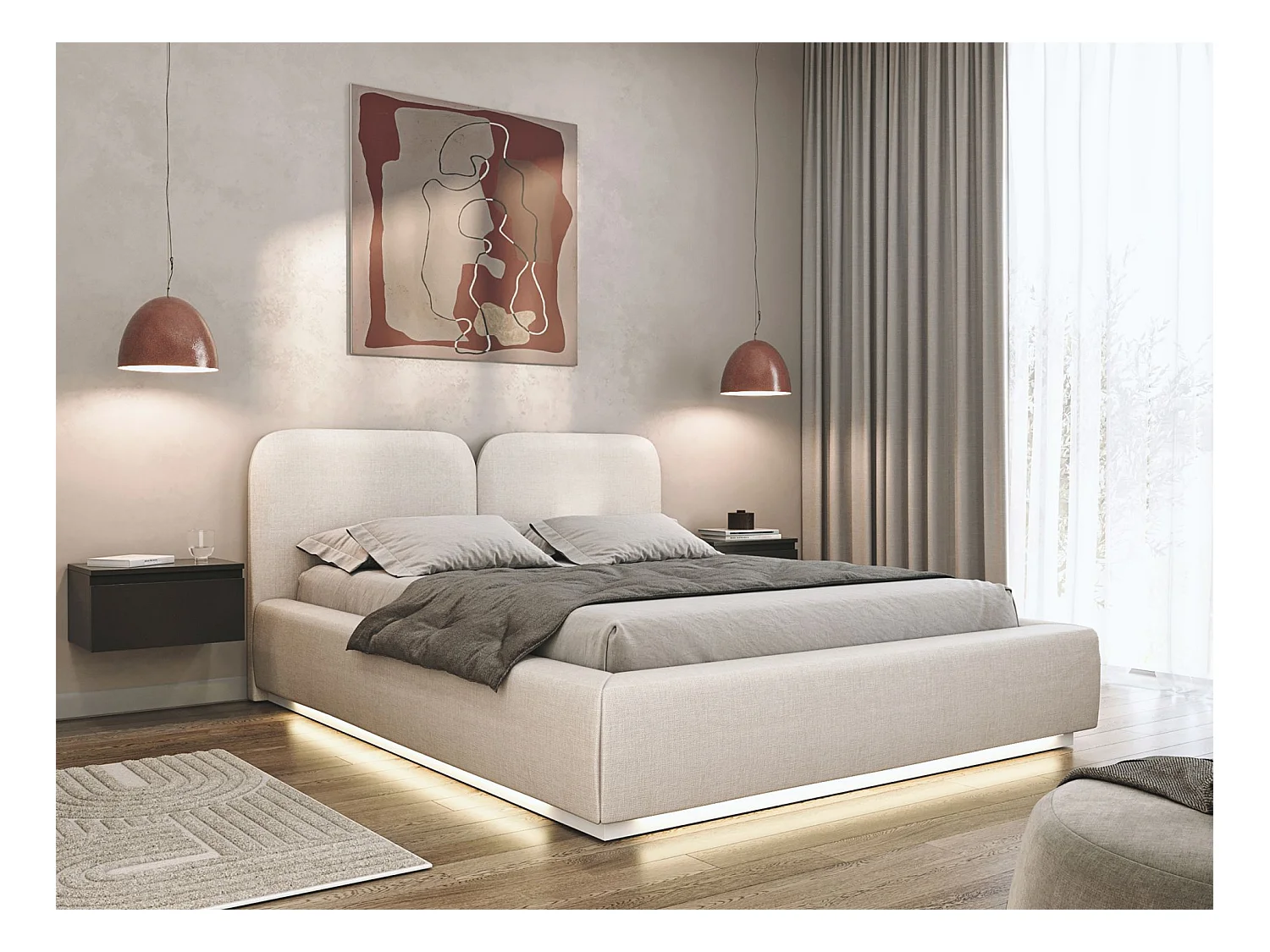Lit tapissé avec LED 160×200 - chenille - crème - COMOVES