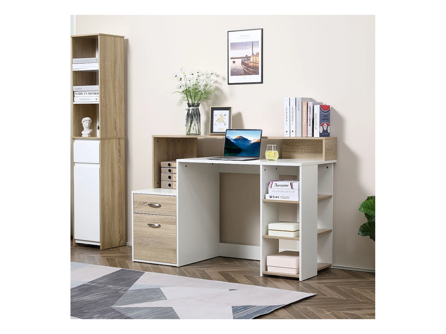 Scrivania per computer con ripiani in legno mdf multicolore