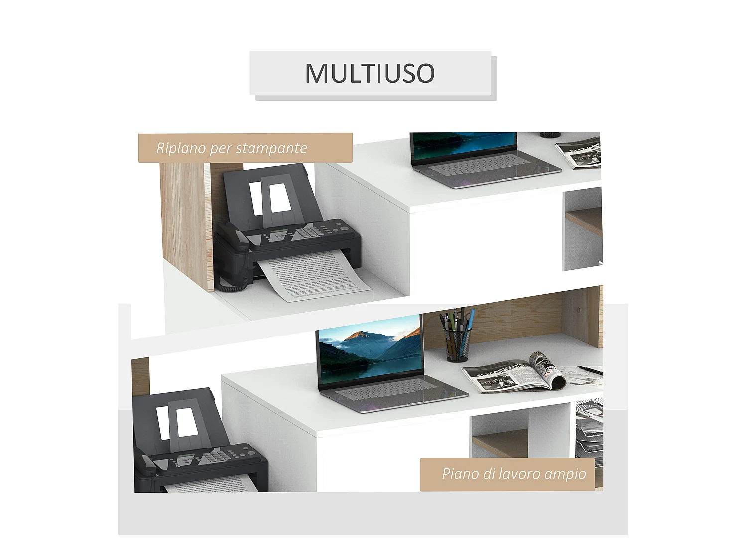 Scrivania per computer con ripiani in legno mdf multicolore