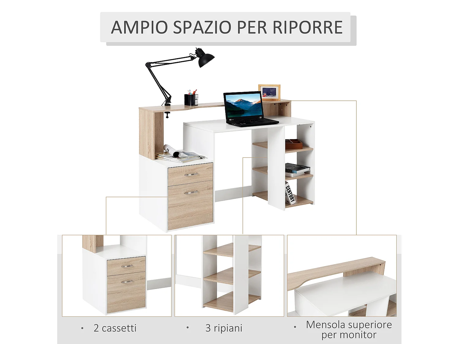 Scrivania per computer con ripiani in legno mdf multicolore