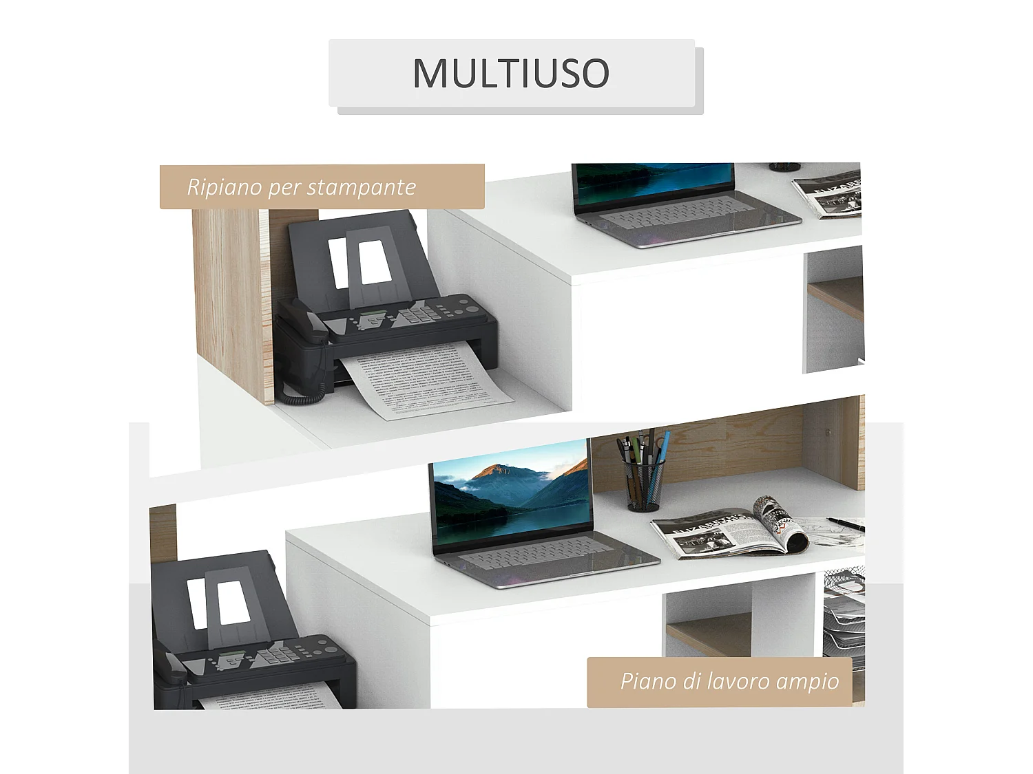 Scrivania per computer con ripiani in legno mdf multicolore