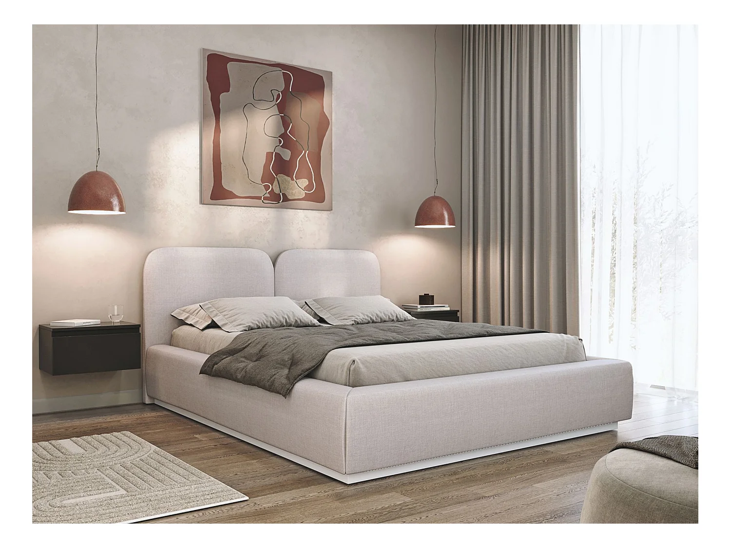 Lit tapissé 160×200 - chenille - beige clair - COMOVES