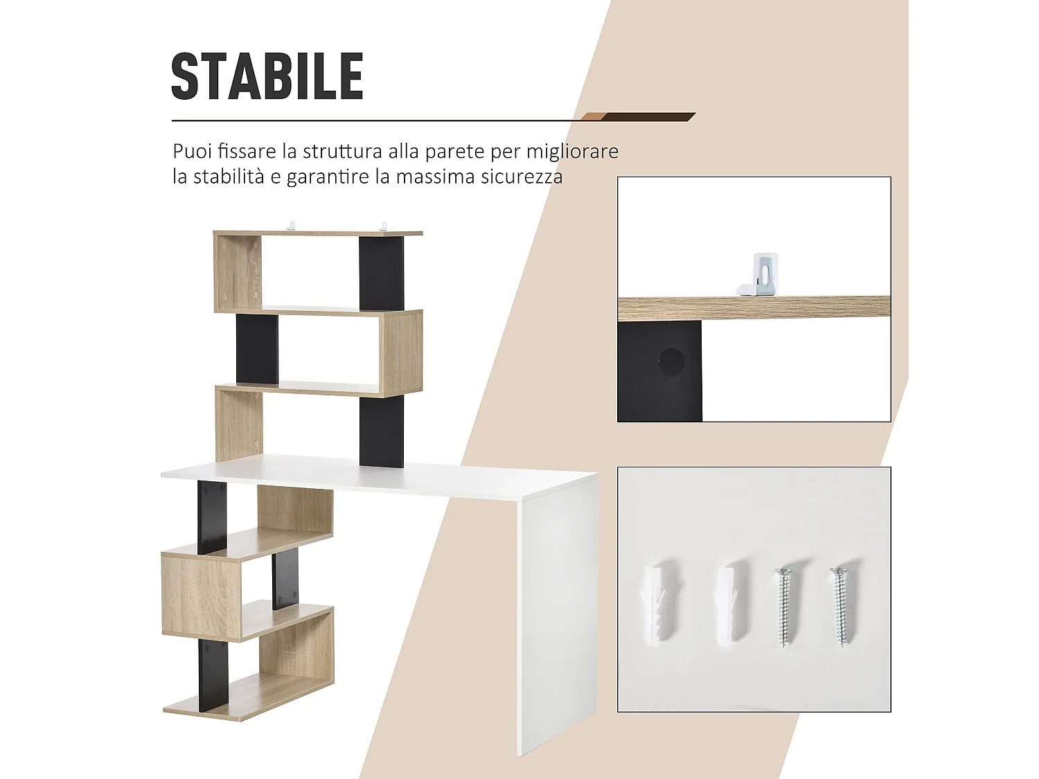 Scrivania con libreria per camera ufficio in legno multicolore