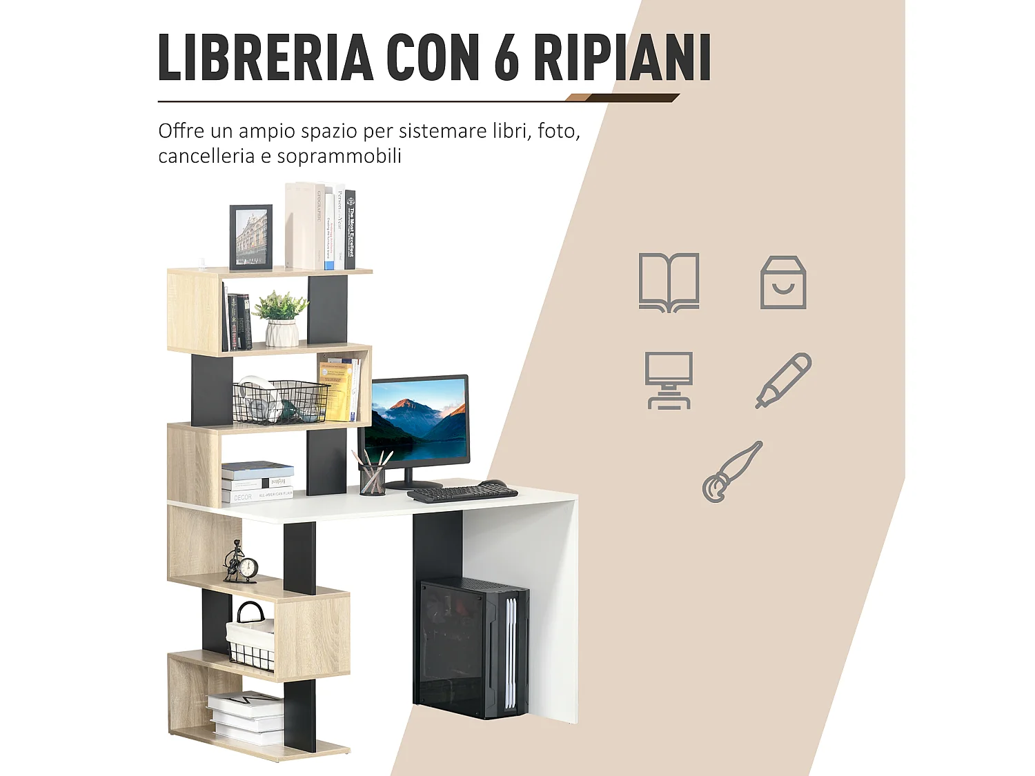 Scrivania con libreria per camera ufficio in legno multicolore